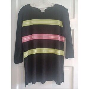 Exclusively Misook striped black knit tunic sweater M acrylic pullover classic